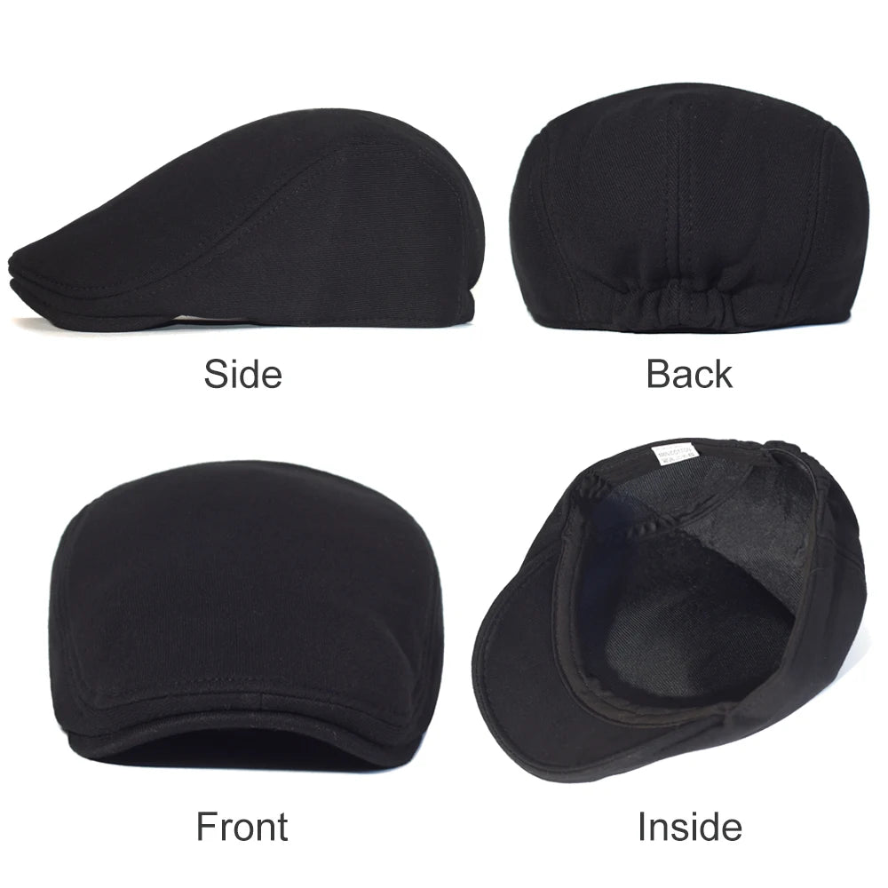 Vintage Flat Cap – Soft Cotton - French Beret for Men Classic-Casual Solid 'Newsman' Style - Boina Vintage Masculina – Algodão Macio – Estilo Francês Clássico-Casual – Modelo Sólido "Jornalista"