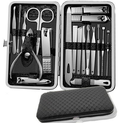 Professional 19-Piece Grooming Kit – Complete Stainless Steel Tools for Manicure & Pedicure – Includes Nail Clippers and Portable Storage – Perfect Gift Option - Kit Manicure Masculino Completo - Aço Inoxidável