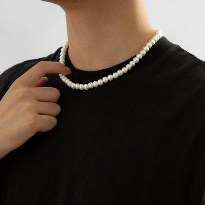 Classic Imitation-Pearl Beaded Choker Necklace for Men - Colar Básico de Pérolas Artificiais
