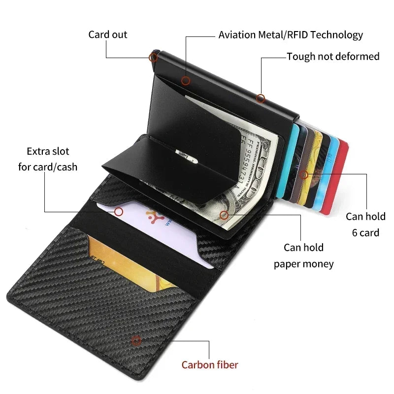 Minimalist Metal Wallet - Carteira Slim Pop-Up de Fibra de Carbono Masculina RFID Minimalista Preta