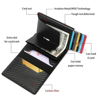 Minimalist Metal Wallet - Carteira Slim Pop-Up de Fibra de Carbono Masculina RFID Minimalista Preta