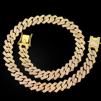 Link Chain – Rhinestone Miami Hip Hop Necklace for Men - Corrente Cuban 2 Fileiras com Strass – Estilo Miami Hip Hop