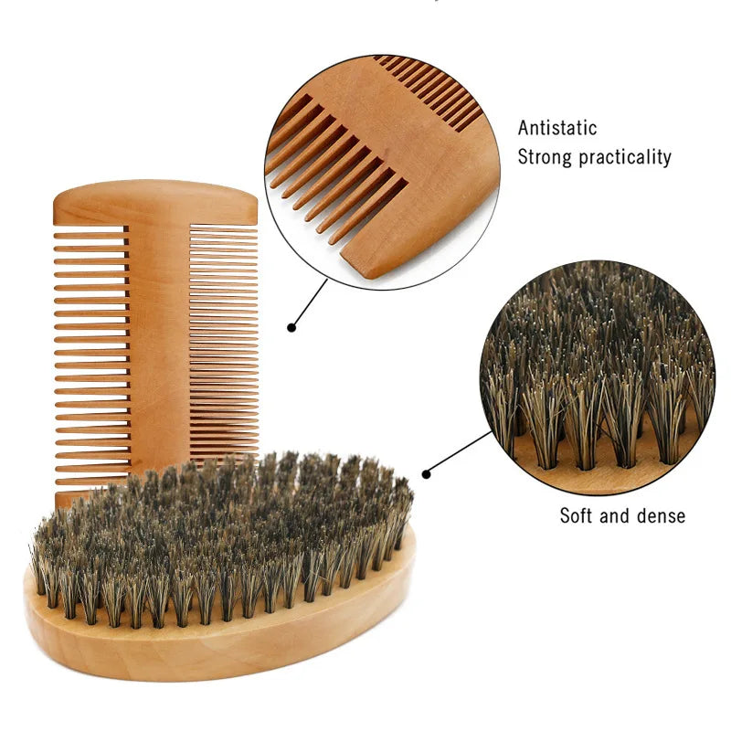 Beard Brush Set Kit - Face Hair Style - Quality Wood - Kit Amadeirado Portátil de Barba-Bigode Vintage - 2 Versões: Navalha/Pincel
