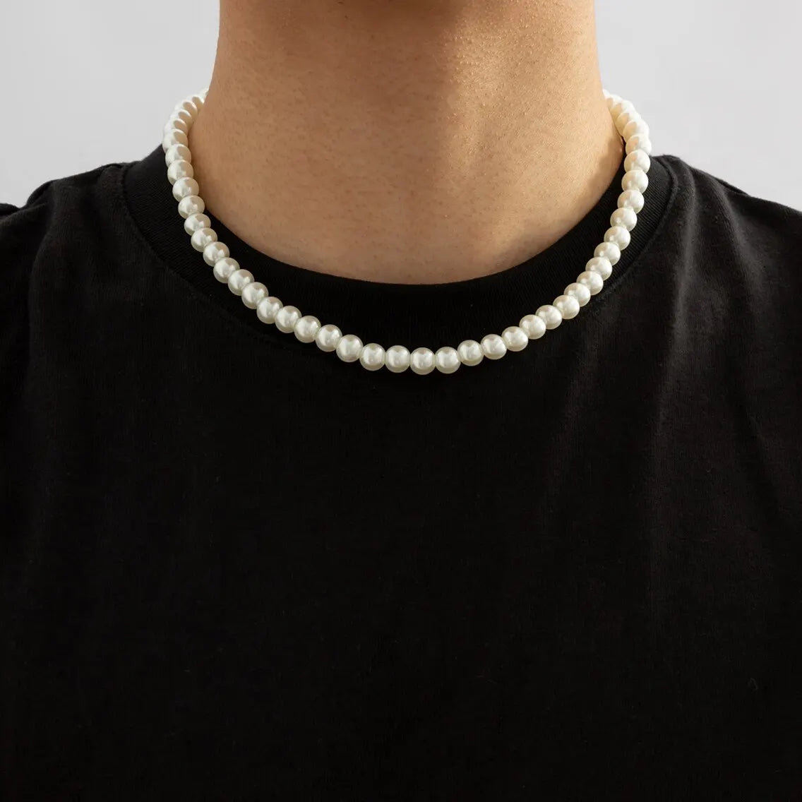 Classic Imitation-Pearl Beaded Choker Necklace for Men - Colar Básico de Pérolas Artificiais