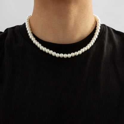 Classic Imitation-Pearl Beaded Choker Necklace for Men - Colar Básico de Pérolas Artificiais