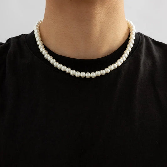 Classic Imitation-Pearl Beaded Choker Necklace for Men - Colar Básico de Pérolas Artificiais
