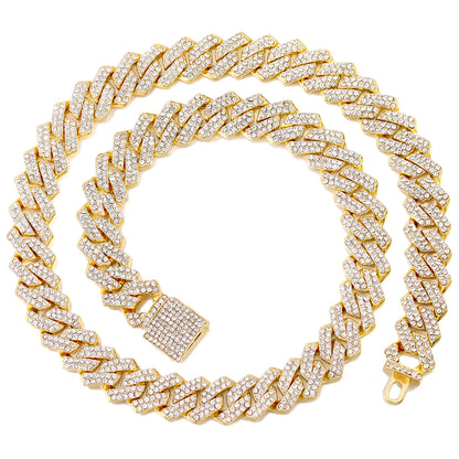 Link Chain – Rhinestone Miami Hip Hop Necklace for Men - Corrente Cuban 2 Fileiras com Strass – Estilo Miami Hip Hop