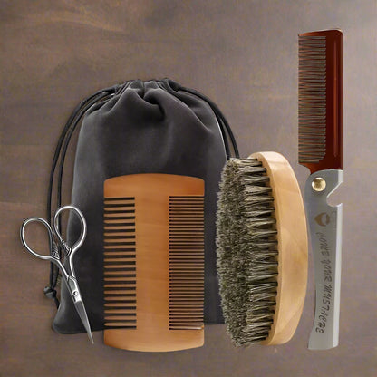 Beard Brush Set Kit - Face Hair Style - Quality Wood - Kit Amadeirado Portátil de Barba-Bigode Vintage - 2 Versões: Navalha/Pincel