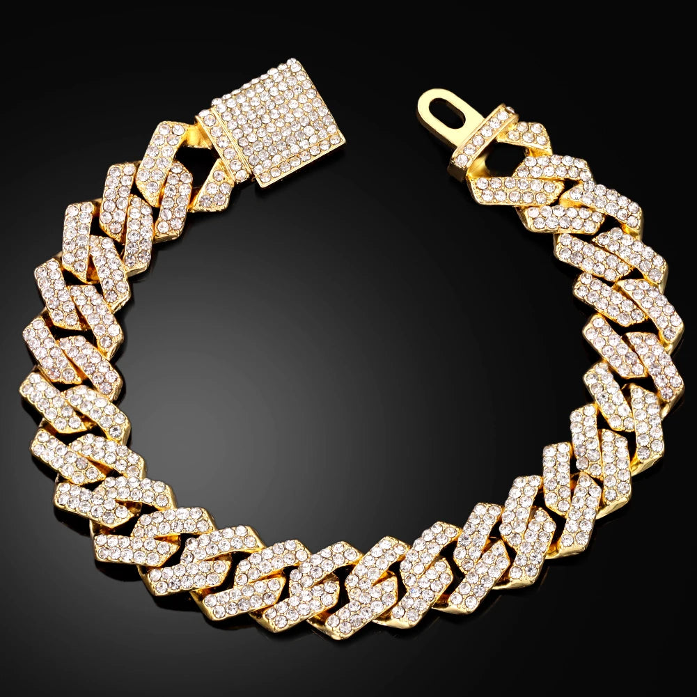 Link Cuban Chain Bracelets for Men Rhinestones Miami Hip Hop Jewelry  - Estilo Miami Hip Hop Pulseira Diamante Artificial Estruturada Fortificada