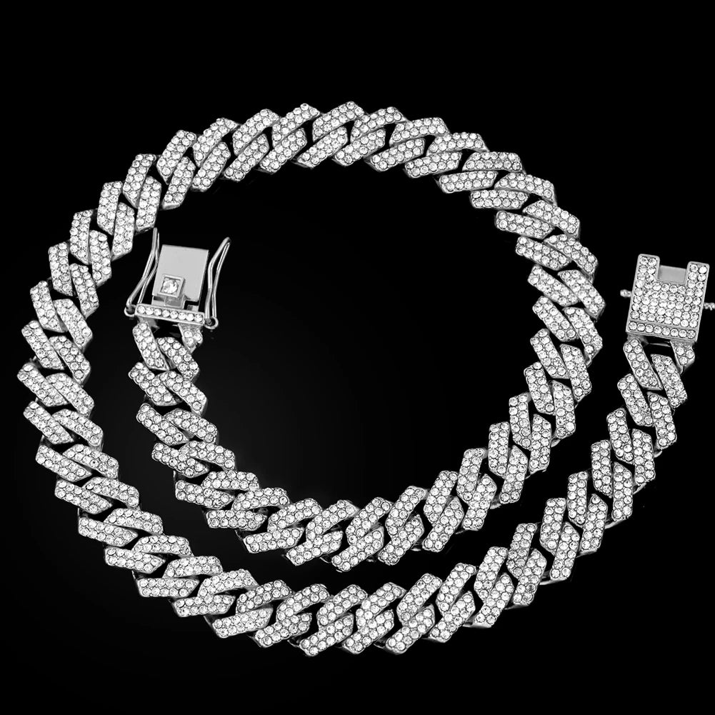 Link Chain – Rhinestone Miami Hip Hop Necklace for Men - Corrente Cuban 2 Fileiras com Strass – Estilo Miami Hip Hop
