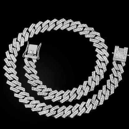 Link Chain – Rhinestone Miami Hip Hop Necklace for Men - Corrente Cuban 2 Fileiras com Strass – Estilo Miami Hip Hop