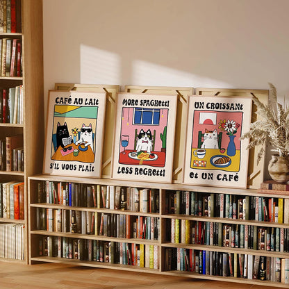 Croissant-Paris-Cat: Prints Kitchen Wall Art Spaghetti-Cafe Variations - Quadro Gato-Croissant-Paris para Copa-Cozinha-Lanche: Spaghetti-Cafe Variações