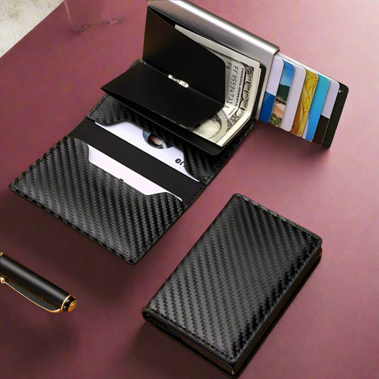 Minimalist Metal Wallet - Carteira Slim Pop-Up de Fibra de Carbono Masculina RFID Minimalista Preta