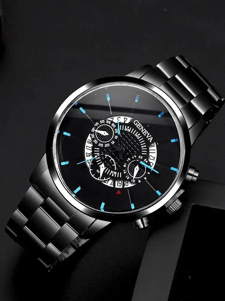 Elegant Men's Accessory Duo – Black Calendar Watch with Braided Leather Bracelet - Premium - Conjunto Presente Masculino: Relógio e Calendário (Aço Inox. Light)+ Pulseira Trançada em Couro Poliuretano