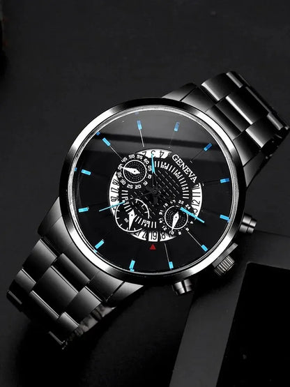 Elegant Men's Accessory Duo – Black Calendar Watch with Braided Leather Bracelet - Premium - Conjunto Presente Masculino: Relógio e Calendário (Aço Inox. Light)+ Pulseira Trançada em Couro Poliuretano