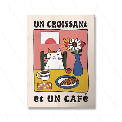 Croissant-Paris-Cat: Prints Kitchen Wall Art Spaghetti-Cafe Variations - Quadro Gato-Croissant-Paris para Copa-Cozinha-Lanche: Spaghetti-Cafe Variações