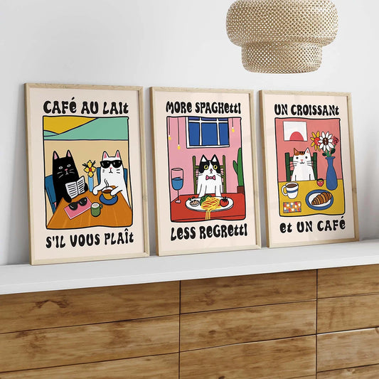 Croissant-Paris-Cat: Prints Kitchen Wall Art Spaghetti-Cafe Variations - Quadro Gato-Croissant-Paris para Copa-Cozinha-Lanche: Spaghetti-Cafe Variações