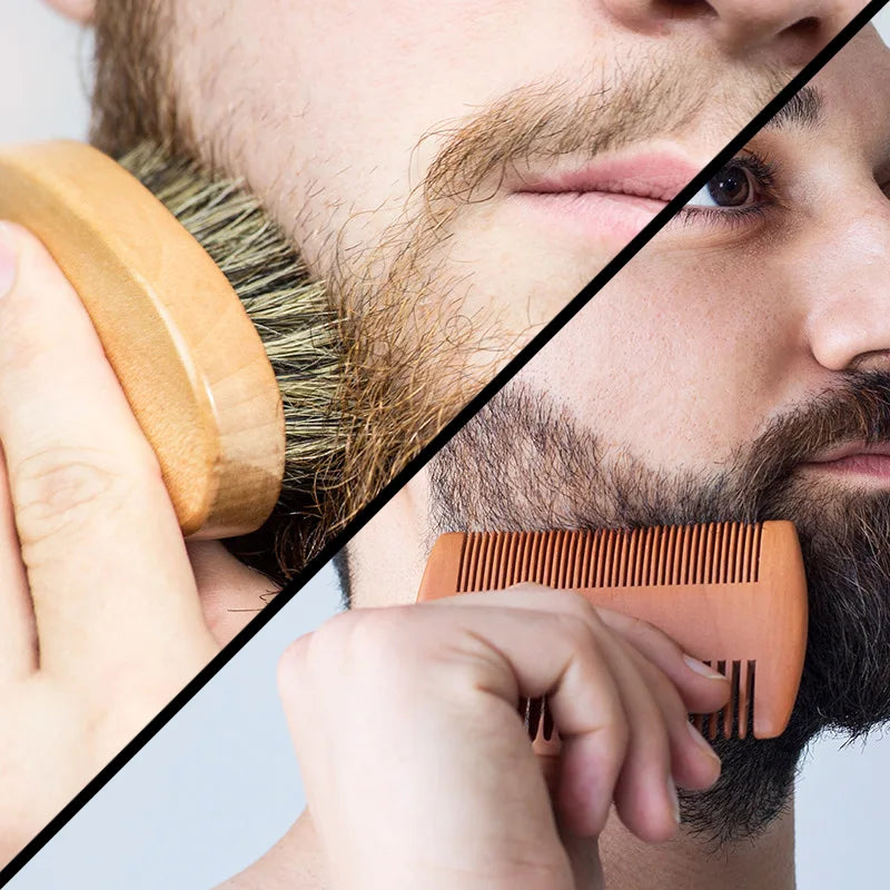 Beard Brush Set Kit - Face Hair Style - Quality Wood - Kit Amadeirado Portátil de Barba-Bigode Vintage - 2 Versões: Navalha/Pincel