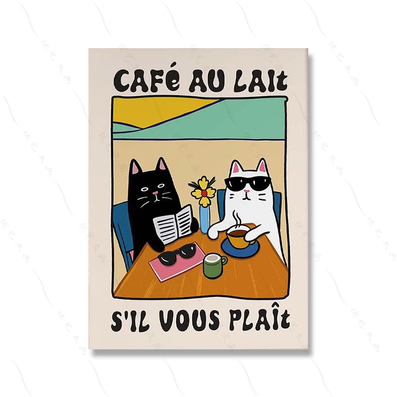 Croissant-Paris-Cat: Prints Kitchen Wall Art Spaghetti-Cafe Variations - Quadro Gato-Croissant-Paris para Copa-Cozinha-Lanche: Spaghetti-Cafe Variações