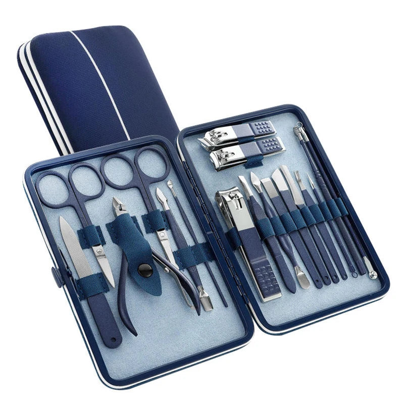 Professional 19-Piece Grooming Kit – Complete Stainless Steel Tools for Manicure & Pedicure – Includes Nail Clippers and Portable Storage – Perfect Gift Option - Kit Manicure Masculino Completo - Aço Inoxidável