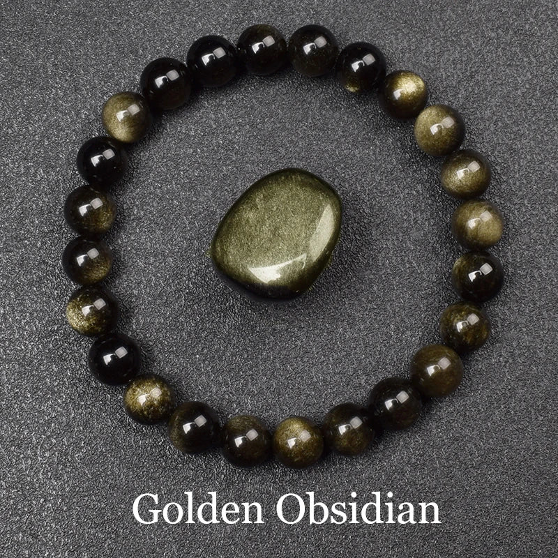 Men's Premium Natural Semi-Precious Stone Bracelet - Eye Colors Energy Collection - Bracelete Premium de Pedras Semi-Preciosas - Coleção Cores dos Olhos: Onyx, Obsidian, Jadeite, Tea-Crystal, Amazonite, Aquamarine