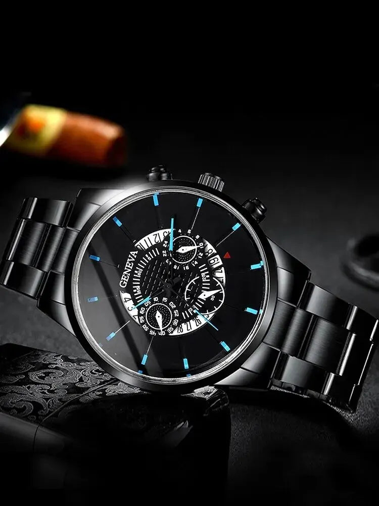 Elegant Men's Accessory Duo – Black Calendar Watch with Braided Leather Bracelet - Premium - Conjunto Presente Masculino: Relógio e Calendário (Aço Inox. Light)+ Pulseira Trançada em Couro Poliuretano