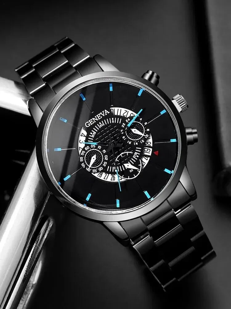 Elegant Men's Accessory Duo – Black Calendar Watch with Braided Leather Bracelet - Premium - Conjunto Presente Masculino: Relógio e Calendário (Aço Inox. Light)+ Pulseira Trançada em Couro Poliuretano