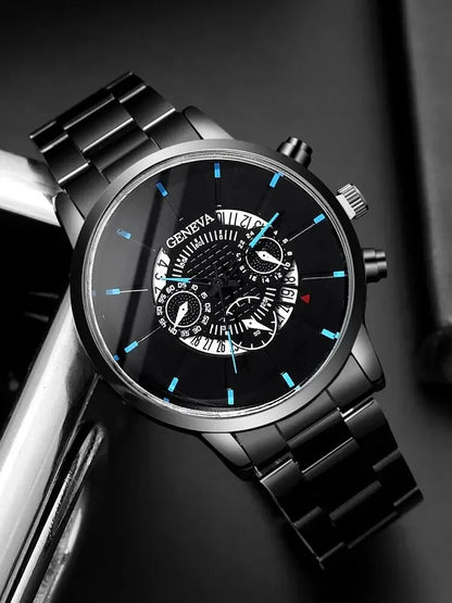 Elegant Men's Accessory Duo – Black Calendar Watch with Braided Leather Bracelet - Premium - Conjunto Presente Masculino: Relógio e Calendário (Aço Inox. Light)+ Pulseira Trançada em Couro Poliuretano