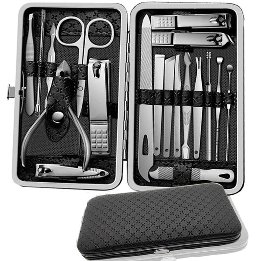 Professional 19-Piece Grooming Kit – Complete Stainless Steel Tools for Manicure & Pedicure – Includes Nail Clippers and Portable Storage – Perfect Gift Option - Kit Manicure Masculino Completo - Aço Inoxidável