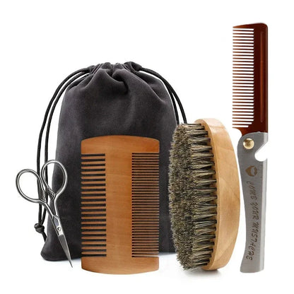Beard Brush Set Kit - Face Hair Style - Quality Wood - Kit Amadeirado Portátil de Barba-Bigode Vintage - 2 Versões: Navalha/Pincel