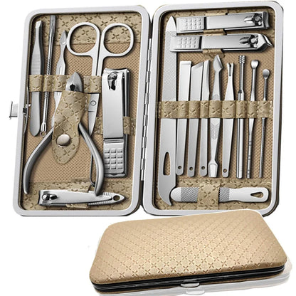 Professional 19-Piece Grooming Kit – Complete Stainless Steel Tools for Manicure & Pedicure – Includes Nail Clippers and Portable Storage – Perfect Gift Option - Kit Manicure Masculino Completo - Aço Inoxidável