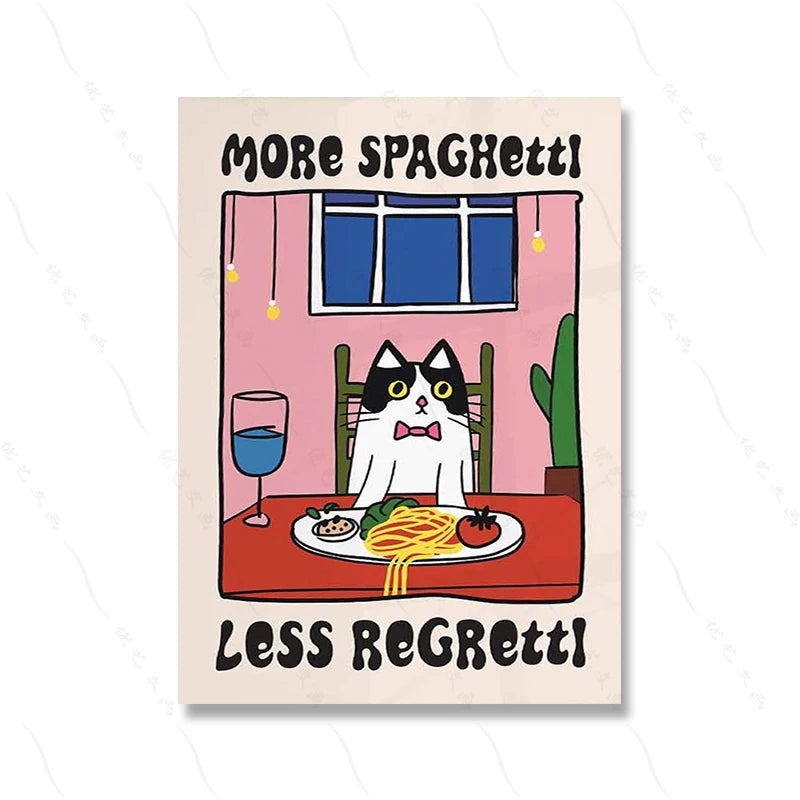 Croissant-Paris-Cat: Prints Kitchen Wall Art Spaghetti-Cafe Variations - Quadro Gato-Croissant-Paris para Copa-Cozinha-Lanche: Spaghetti-Cafe Variações