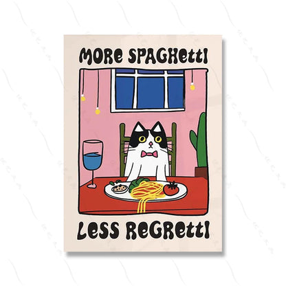 Croissant-Paris-Cat: Prints Kitchen Wall Art Spaghetti-Cafe Variations - Quadro Gato-Croissant-Paris para Copa-Cozinha-Lanche: Spaghetti-Cafe Variações