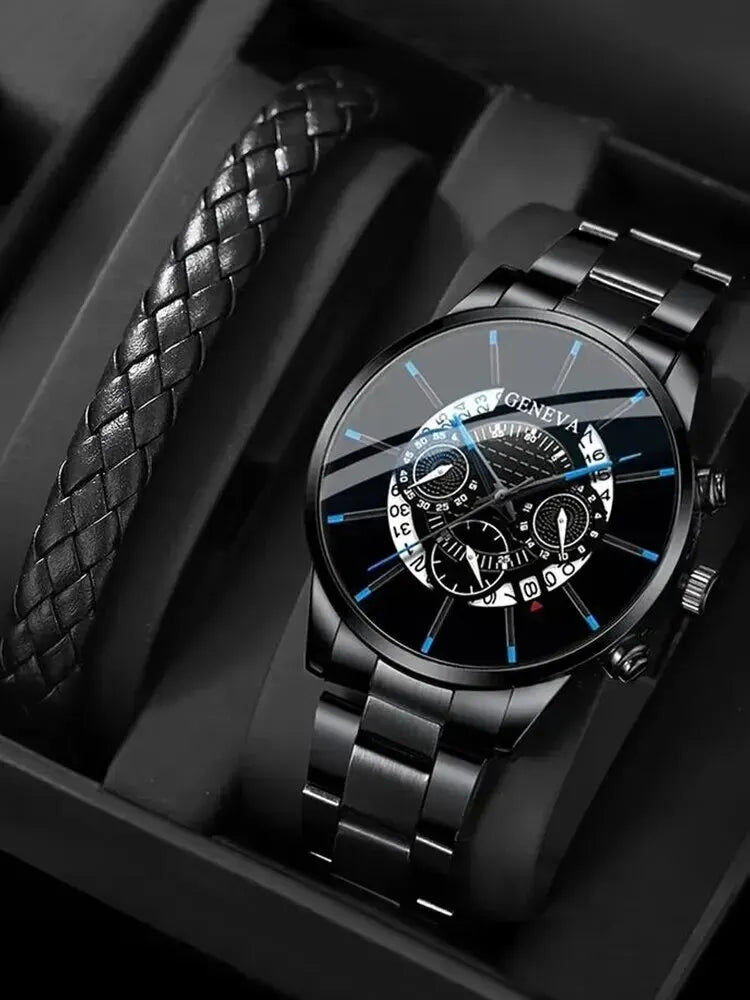 Elegant Men's Accessory Duo – Black Calendar Watch with Braided Leather Bracelet - Premium - Conjunto Presente Masculino: Relógio e Calendário (Aço Inox. Light)+ Pulseira Trançada em Couro Poliuretano