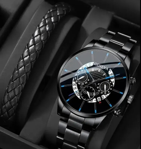 Elegant Men's Accessory Duo – Black Calendar Watch with Braided Leather Bracelet - Premium - Conjunto Presente Masculino: Relógio e Calendário (Aço Inox. Light)+ Pulseira Trançada em Couro Poliuretano