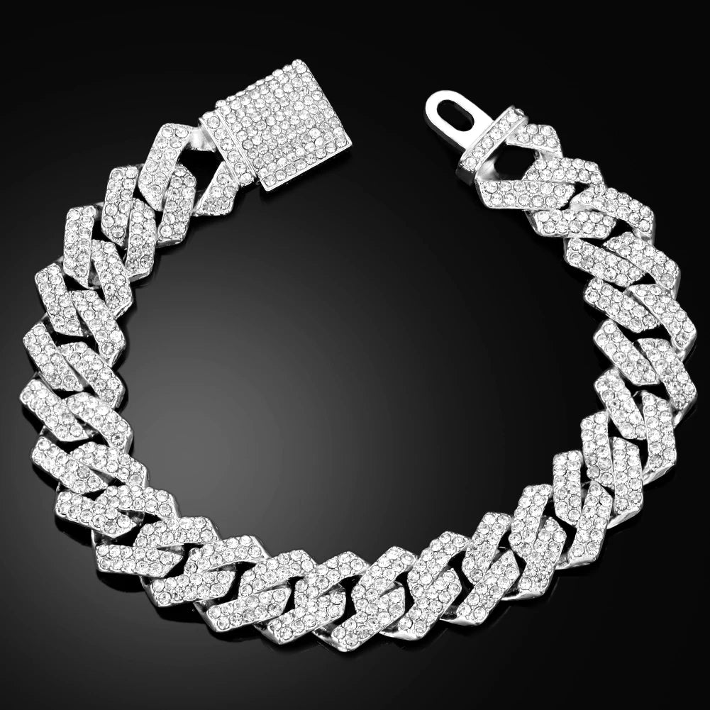 Link Cuban Chain Bracelets for Men Rhinestones Miami Hip Hop Jewelry  - Estilo Miami Hip Hop Pulseira Diamante Artificial Estruturada Fortificada