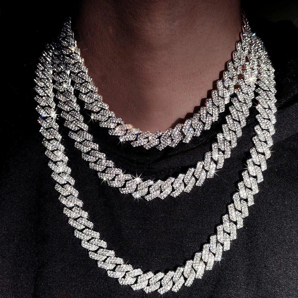 Link Chain – Rhinestone Miami Hip Hop Necklace for Men - Corrente Cuban 2 Fileiras com Strass – Estilo Miami Hip Hop
