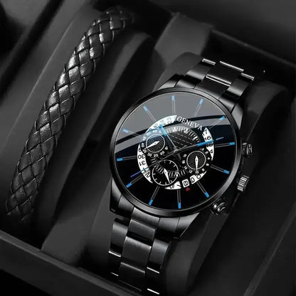 Elegant Men's Accessory Duo – Black Calendar Watch with Braided Leather Bracelet - Premium - Conjunto Presente Masculino: Relógio e Calendário (Aço Inox. Light)+ Pulseira Trançada em Couro Poliuretano