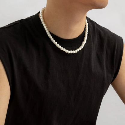 Classic Imitation-Pearl Beaded Choker Necklace for Men - Colar Básico de Pérolas Artificiais