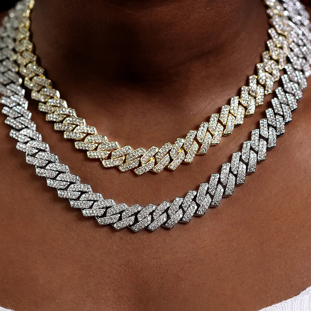 Link Chain – Rhinestone Miami Hip Hop Necklace for Men - Corrente Cuban 2 Fileiras com Strass – Estilo Miami Hip Hop